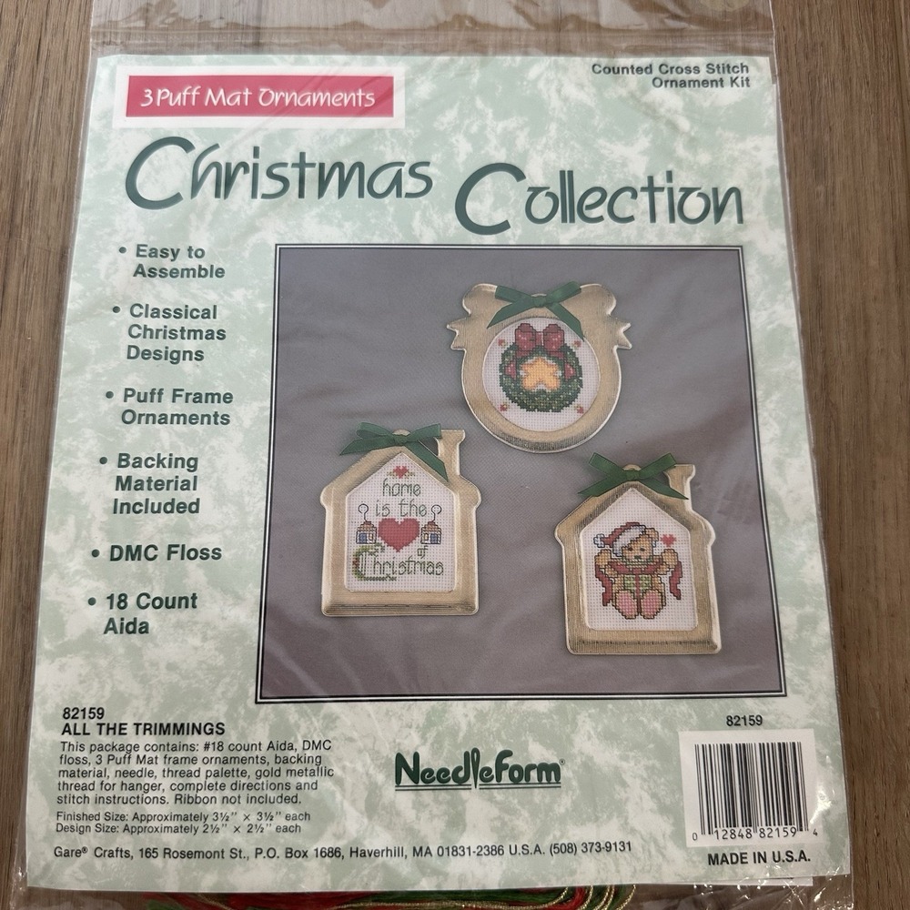 3 Puff Mat Ornaments 82159 All The Trimmings Cross Stitch VTG Christmas Needlefo